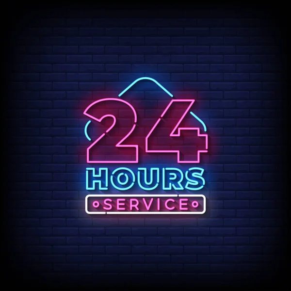 Neon Sign 24小时服务 带有砖墙背景矢量 — 图库矢量图片