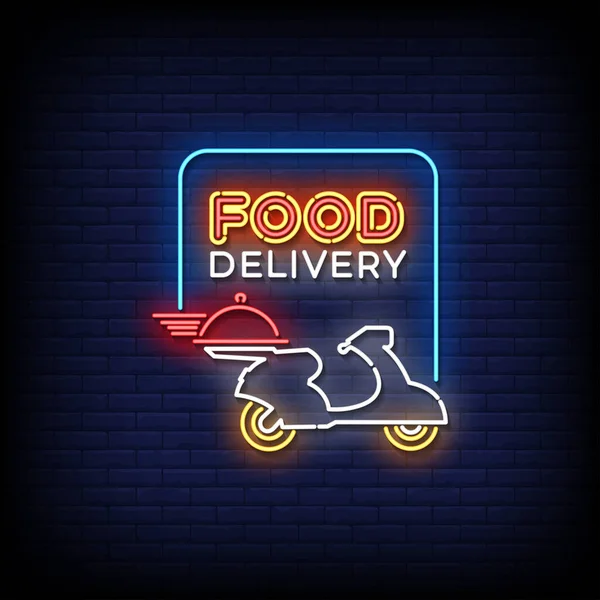 Neon Sign Food Delivery Brick Wall Background Vector — Stock Vector