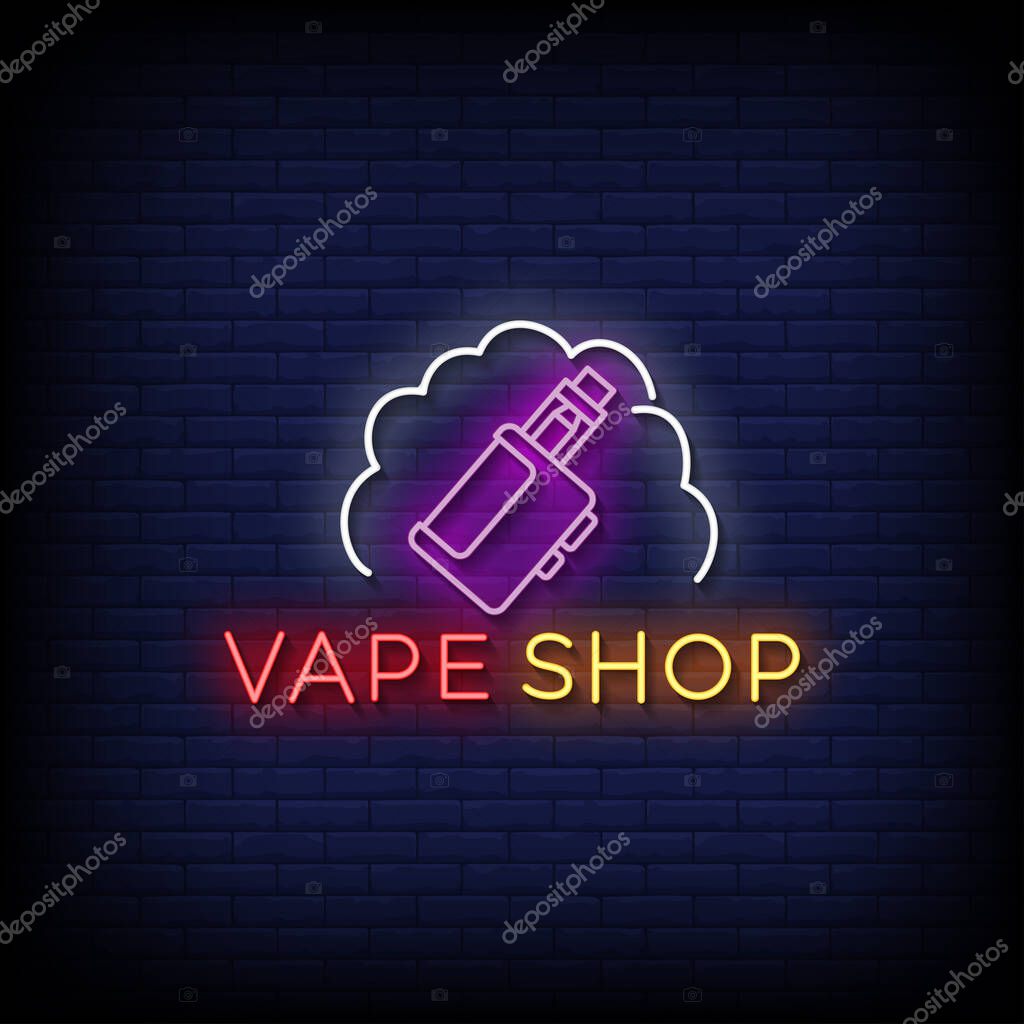 Neon Sign vape shop with brick wall background vector