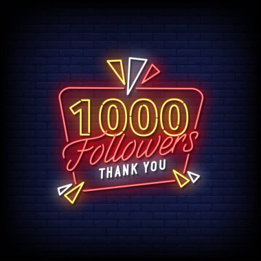 neon sign 1000 followers thank you with brick wall background vector illustration
