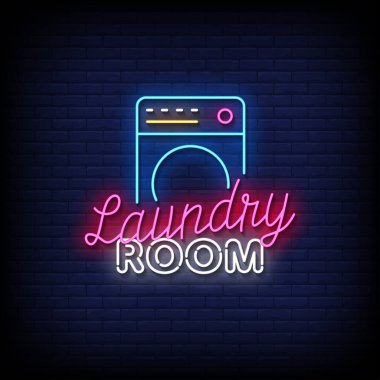 neon sign laundry room with brick wall background vector illustration