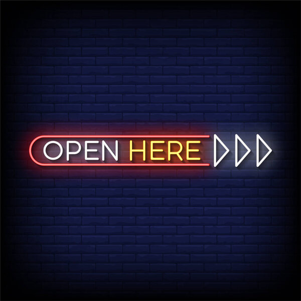 open here neon sign with brick wall background, vector illustration
