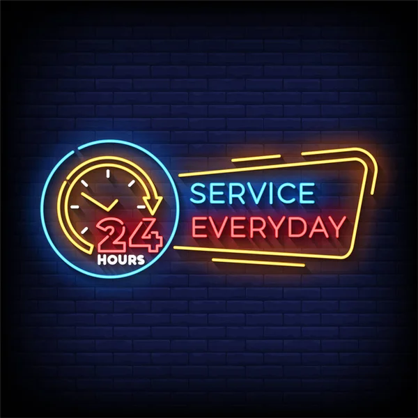 Service Everyday Hours Neon Sign Brick Wall Background Vector Illustration — Stock Vector