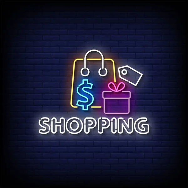 Shopping Neon Sign Brick Wall Background Vector Illustration — Stock Vector