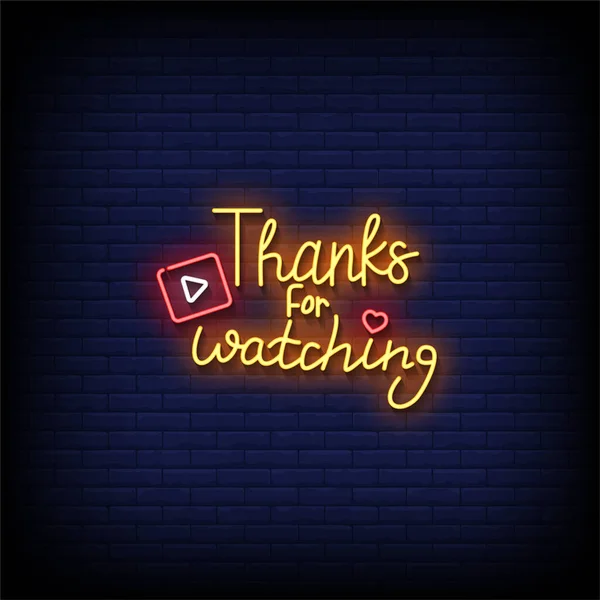 Thanks Watching Neon Sign Brick Wall Background Vector Illustration — Stock Vector