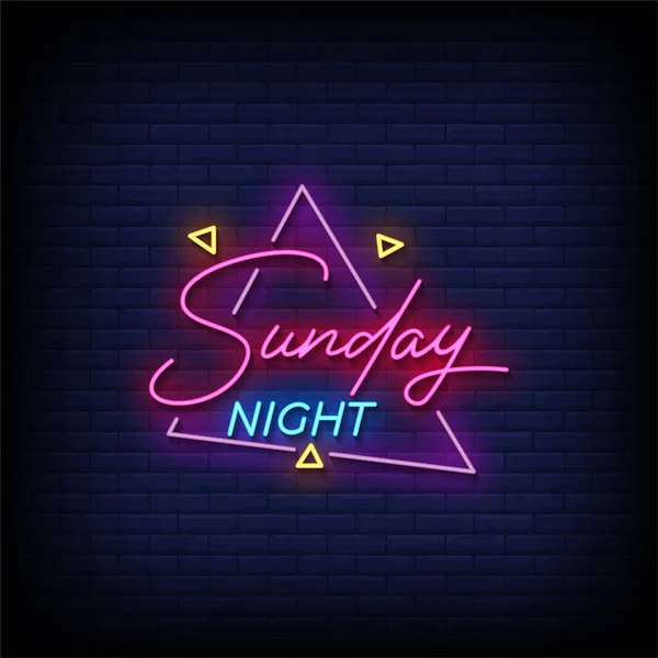 Niedziela Noc Neon Znak Cegły Ściany Tle Wektor Ilustracja — Wektor stockowy