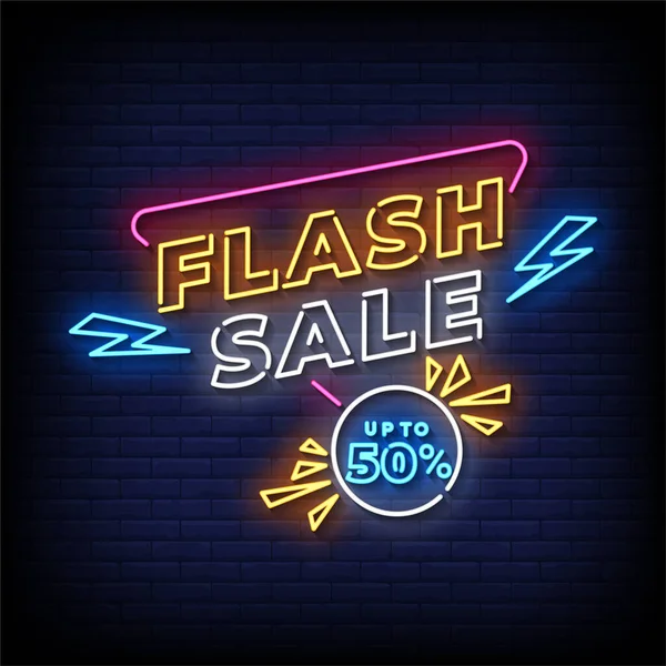Flash Πώληση Νέον Σημάδι Φόντο Τοίχο Τούβλο Διανυσματική Απεικόνιση — Διανυσματικό Αρχείο
