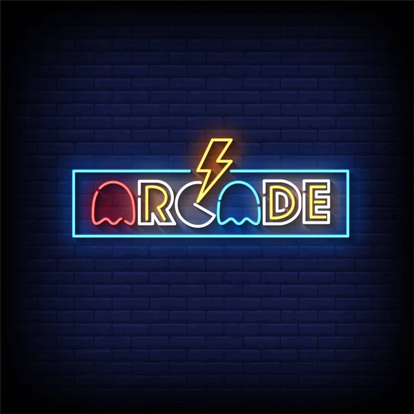 Arcade Neon Sign Avec Vecteur Fond Mural Brique — Image vectorielle