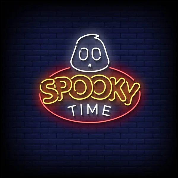 Neon Sign Spooky Time Brick Wall Background Vector — 스톡 벡터