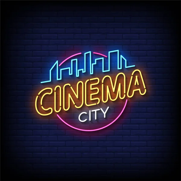 Neon Sign Kino Miasto Cegły Ściany Wektor Tła — Wektor stockowy