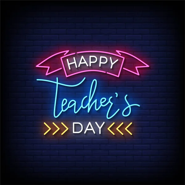 Tuğla Duvar Arkaplan Vektörlü Neon Mza Mutlu Öğretmenler Günü — Stok Vektör