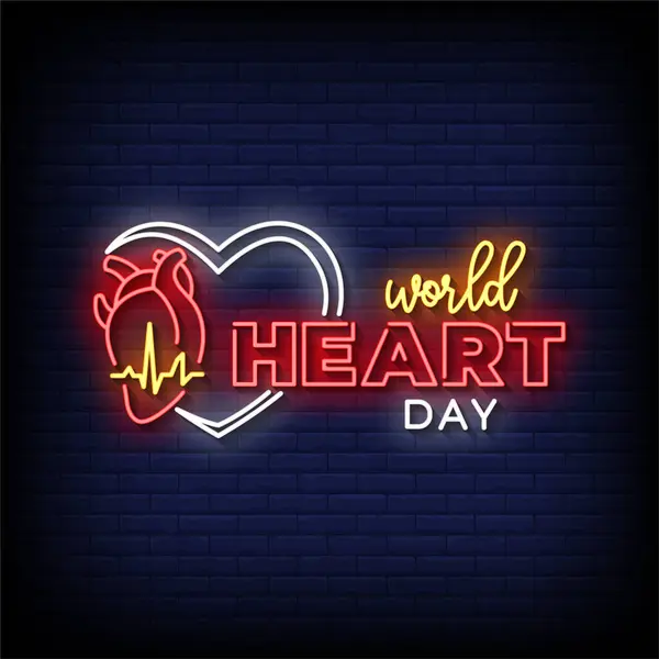 Παγκόσμια Ημέρα Καρδιάς Νέον Εγγραφείτε Διάνυσμα Φόντο Τούβλο Τοίχο — Διανυσματικό Αρχείο