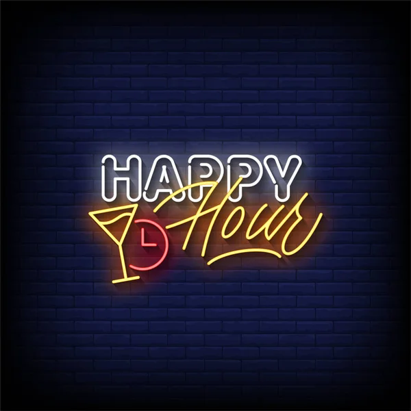 Happy Hour Neon Sign Mit Backsteinwand Hintergrundvektor — Stockvektor