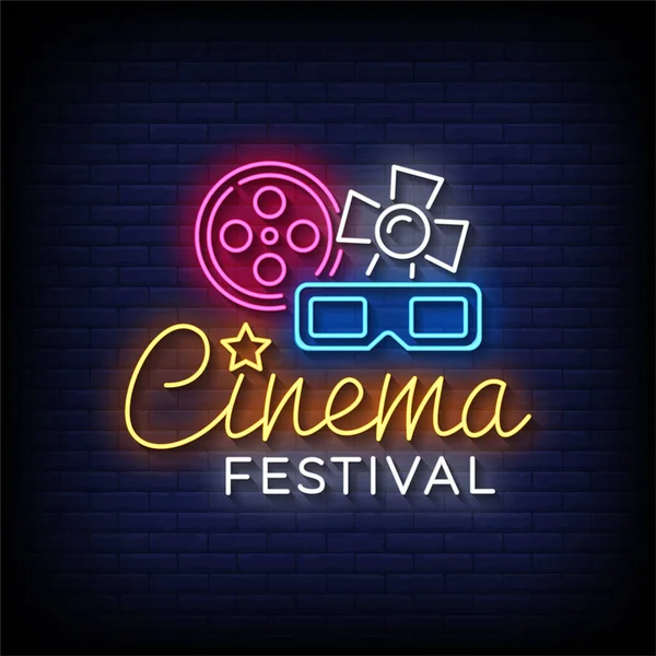 Festival Cine Neon Sign Con Pared Ladrillo Vector Fondo — Vector de stock