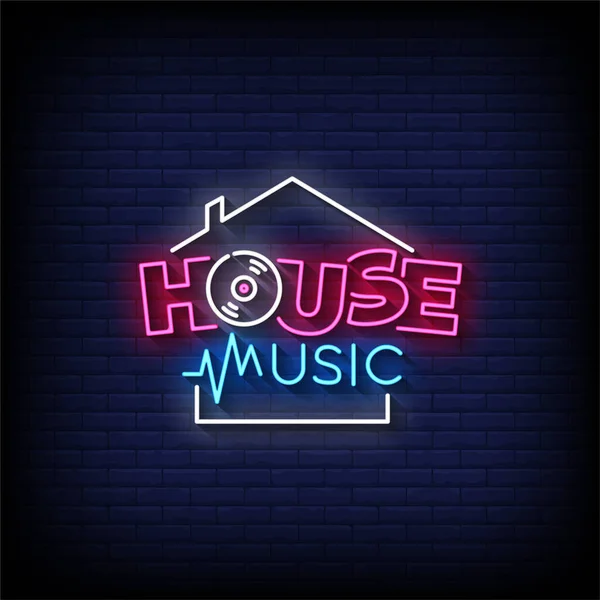 House Music Neon Sign Mit Backsteinwand Hintergrundvektor — Stockvektor