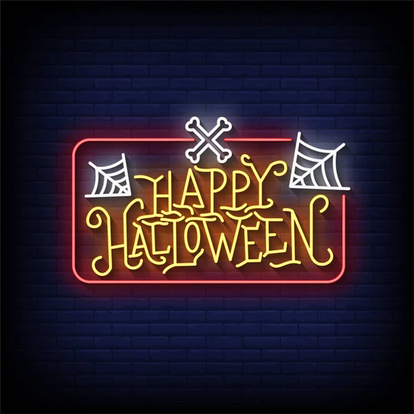Happy Halloween Neon Sign Mit Backsteinwand Hintergrundvektor — Stockvektor