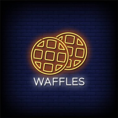 Tuğla duvar arkaplanlı neon ışıklı waffle 'lar, vektör illüstrasyonu