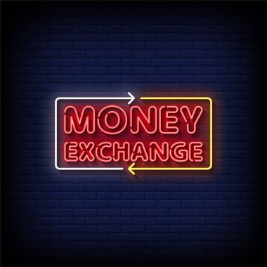 Tuğla duvar arkaplanı ve vektör illüstrasyonlu Neon İşareti para değişimi