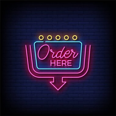 Tuğla duvar arkaplanı ve vektör illüstrasyonlu neon işareti sırası