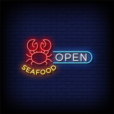 Tuğla duvar arkaplanı ve vektör illüstrasyonlu neon tabelaları açık