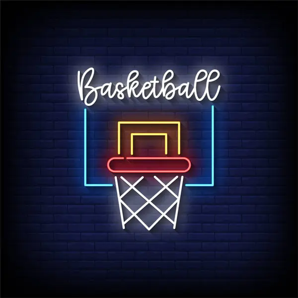 Neon Sign Basketbal Met Baksteen Muur Achtergrond Vector Illustratie Stockillustratie