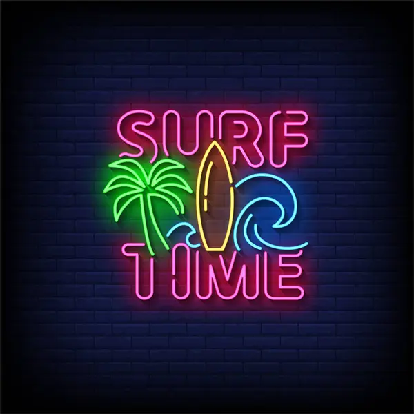 Neon Sign Surfzeit Mit Backsteinwand Hintergrund Vektorillustration Stockillustration