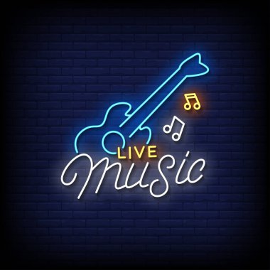 Gitarlı neon tabela ve tuğla arka planda notalar. vektör illüstrasyonu