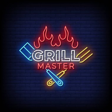 Parlayan neon barbekü ızgara ikonu tuğla duvar arka planında izole edilmiş. Barbekü ızgara partisi. Vektör.