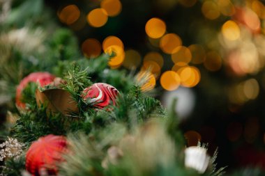 Noel arkaplanları - yeşil noel ağacı brandaları, rd ve altın süsler, sicim ışıkları.