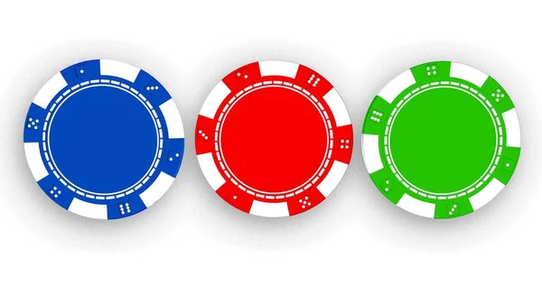 Blaue Rote Und Grüne Casino Chips Auf Weißem Hintergrund — Stockfoto