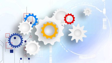 Çarklar ve dişli çarklarla soyut bir arka plan. Teknoloji, yenilik, iş, pazarlama kavramı. 