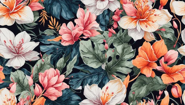 Magnifique Motif Floral Tropical Sans Couture Vectoriel Avec Aquarelle Dessinée — Image vectorielle