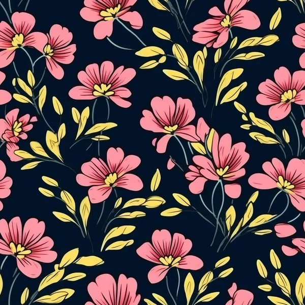Nahtloses Muster Mit Rosa Blüten Auf Schwarzem Hintergrund — Stockvektor