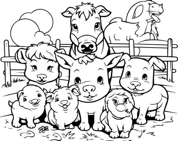 Vector Illustration Cartoon Farm Animals Coloring Book Page — Stock Vector