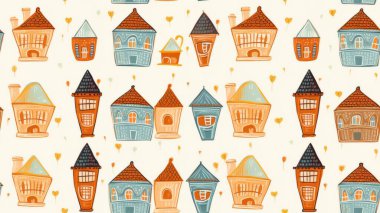 Elle çizilmiş suluboya desenli evler.