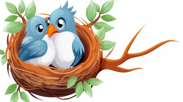 Vektorová Ilustrace Roztomilého Kresleného Hnízda Ptáků Větvi Listy — Stockový vektor