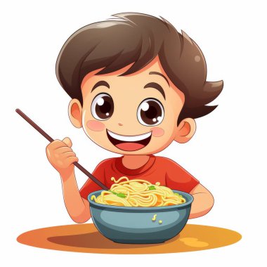 çizgi film Asyalı çocuk spagetti yiyor.