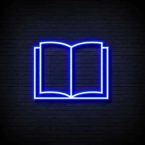 glowing neon open book icon isolated on brick wall background. vector illustration
