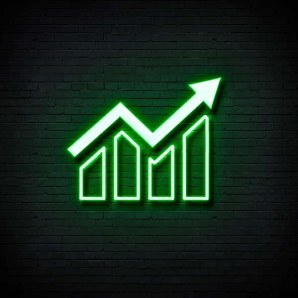 neon arrow with green chart icon on brick wall background. vector illustration