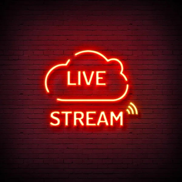 glowing neon line live stream in the shape of live stream icon isolated on brick wall background. colorful outline concept. vector