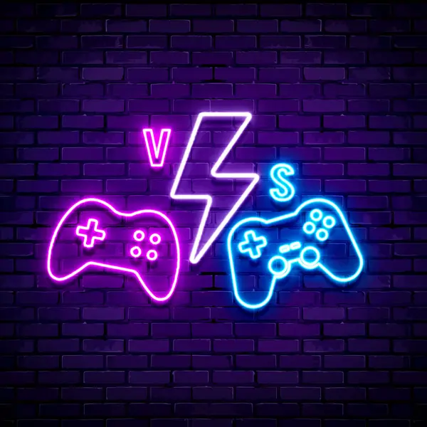 glowing neon line game console and joystick for video game icon isolated on brick wall background. game controller. gaming console with joystick. vector