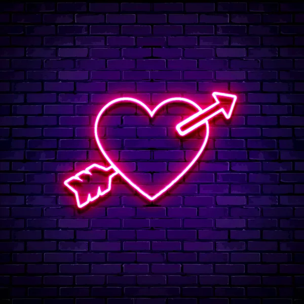 glowing neon line arrow with heart icon isolated on brick wall background. valentines day. vector illustration
