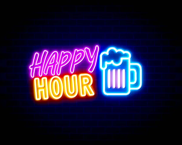 happy neon sign in brick wall background. vector illustration. neon sign.