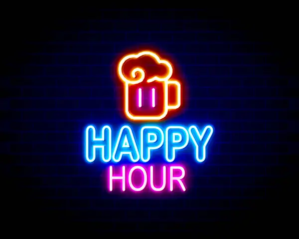 neon happy happy hour text on a brick wall background. glowing sign. vector illustration.