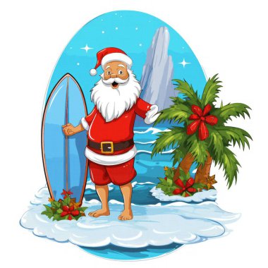 Noel Baba Noel ağacı ve sörf tahtası resimleriyle Noel adasında sörf yapıyor.