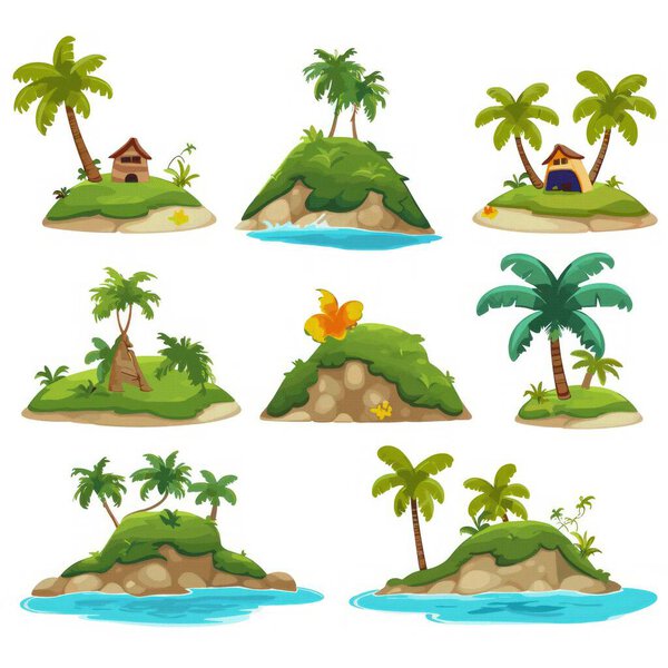 set of different cartoon island on white background. vector illustration.