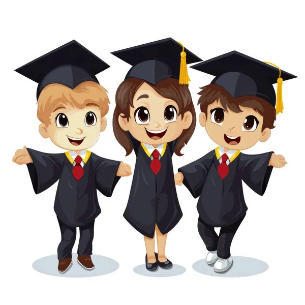 Tres Jóvenes Estudiantes Con Gorra Graduación Vestido — Vector de stock