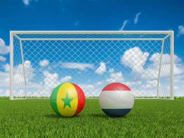 Futbol sahasında bayraklı futbol topları. Hollanda Senegal 'i. Dünya Futbol Şampiyonası 2022 3D yorumlama