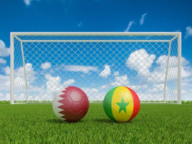 Futbol sahasında bayraklı futbol topları. Senegal ile Katar. Dünya Futbol Şampiyonası 2022 3D yorumlama