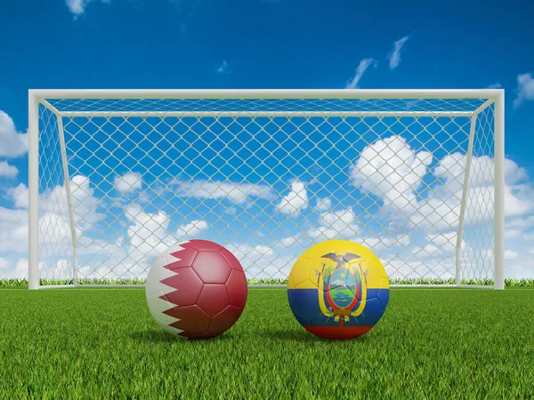 Footballs Flags Colors Soccer Field Qatar Ecuador World Cup Football — Stock Photo, Image